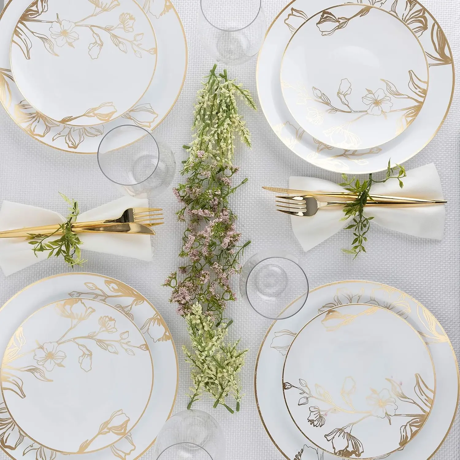 64 Piece Combo Plates Set includes 32 7'' inch Plates&32 10'' inch Plates White Plastic Floral Design Party With Gold Rim
