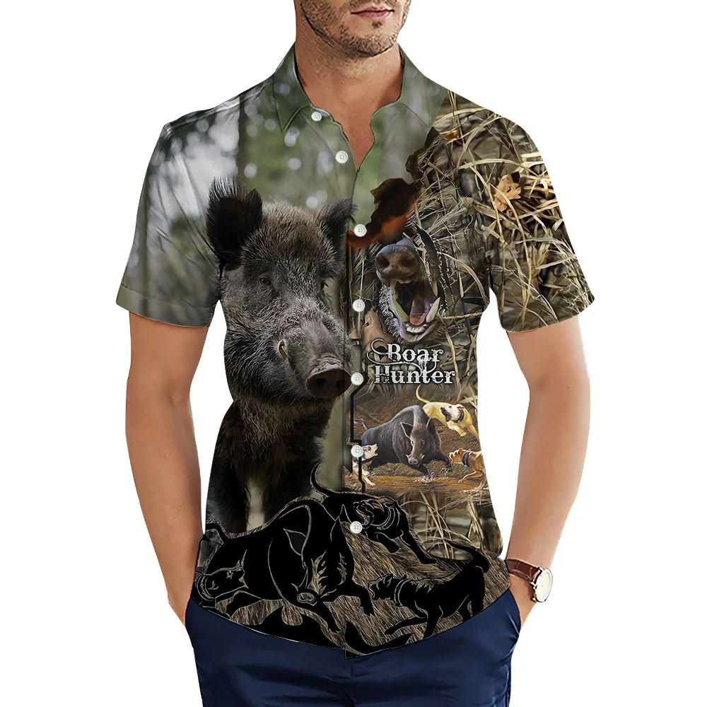 

CLOOCL Men Shirts 3D Graphic Wild Boar Hunting Printed Blouse Summer Short Sleeve Lapel Male Shirts Casual Cardigan Cozy Tops