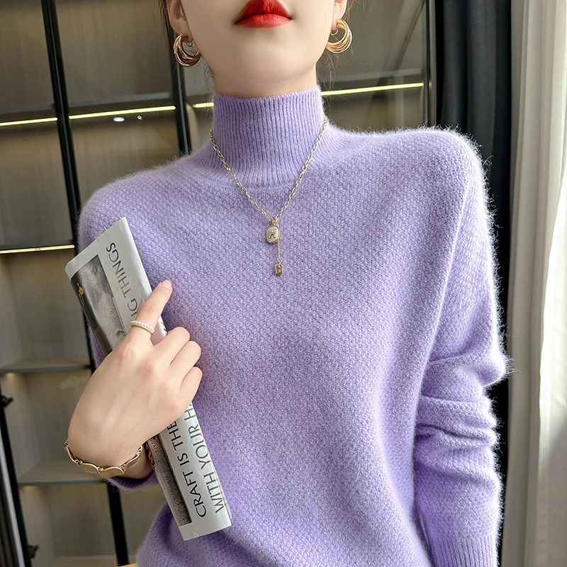 

2024 Autumn/Winter New 100% Pure Cashmere Sweater Women's Thick Half Turtleneck Sweater Long Sleeve Loose Knit Outside Wear Top