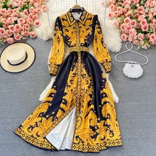  Aibeautyer New Spring Autumn Women Slim Lapel Single Breasted Long Sleeve Vintage Court Style Printed Bubble Sleeve Waist Dress 