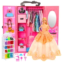 

Dollhouse Furniture 73 Items/Set=1 Wardrobe + 72 Doll Accessories Dolls Clothes Dresses Crowns Necklace Shoes For Barbie