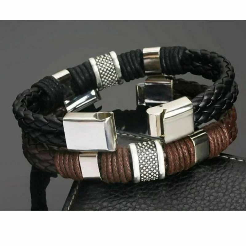 bracelet jewelry Leather Titanium Stainless Steel Braided Clasp Bangle Bracelet for Men and Women Retro Jewelry
