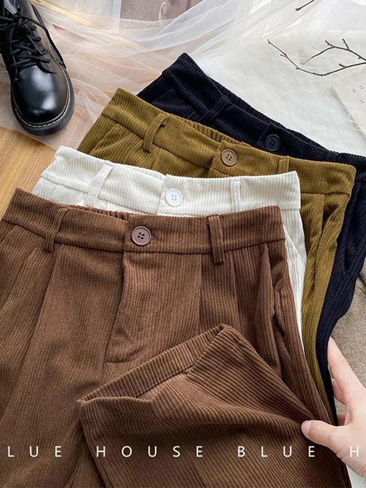 ZOKI High Waist Women Retro Corduroy Pants Fall Straight Causal Full Length Trousers  Vintage Coffee Pockets All Match Pants New