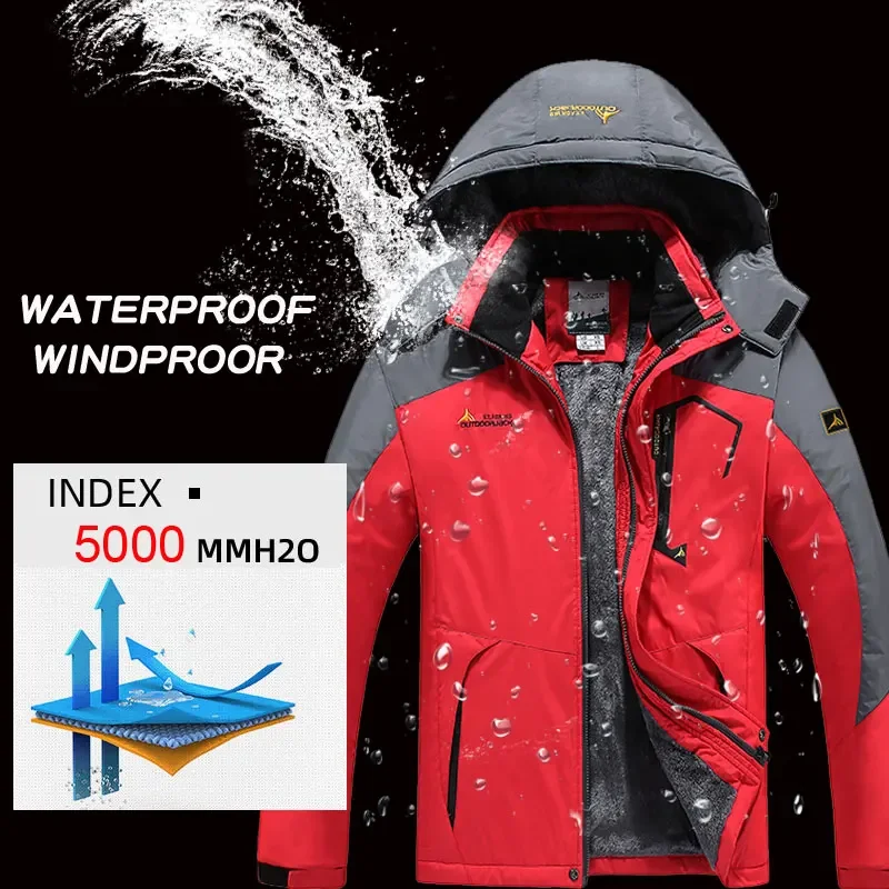 Men Winter Thick Ski Suit Super Warm Waterproof Windproof Hooded Fleece Jacket and Pants Outdoor Hiking Climbing Skiwear Set