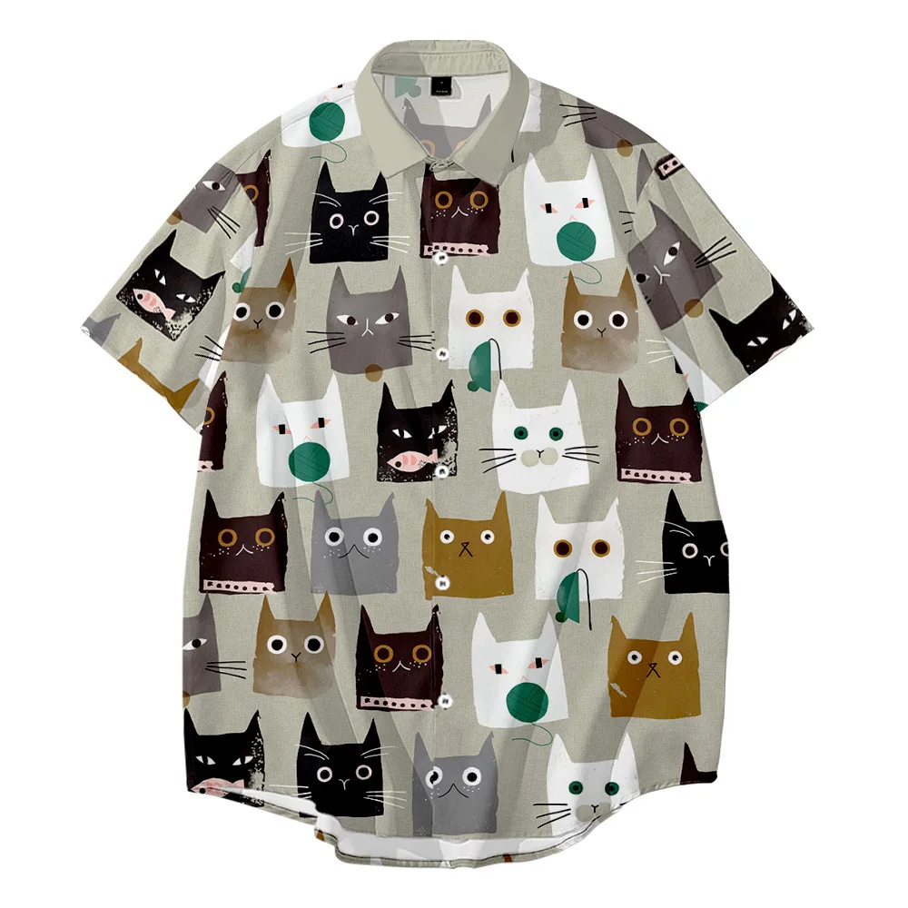 

Summer New Fashion Cat Head Print Anime Short Sleeve Shirt Men's Top Hawaiian Beach Casual Plus Size Shirt