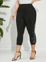 Plus Size Women's Fitted 7/8 Leggings with Starry Pattern and Rhinestone Split - High Waisted Summer Active Underwear - Image 3
