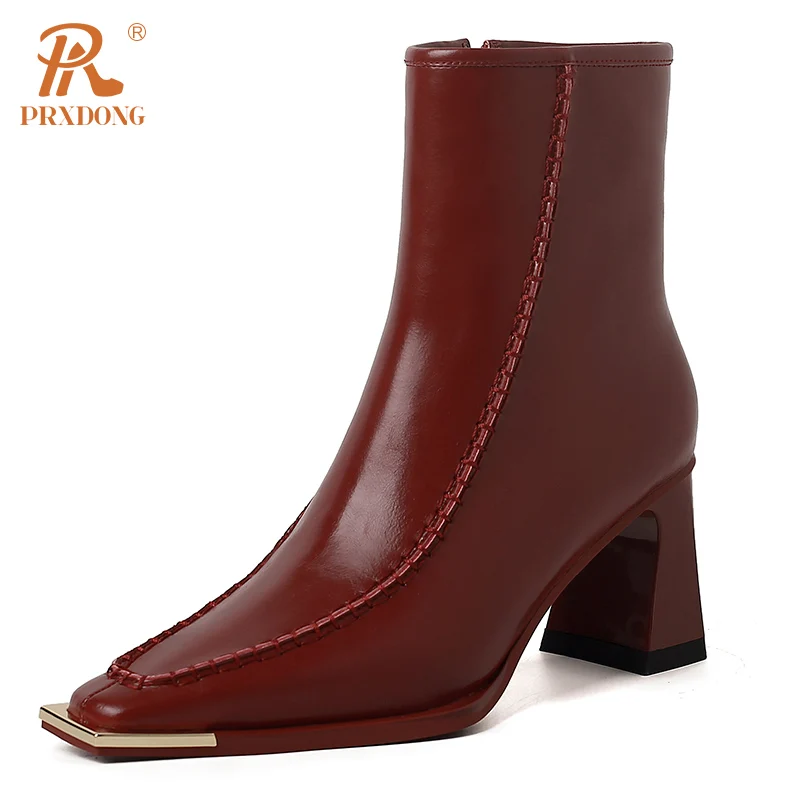 

PRXDONG Genuine Leather Women's Shoes 2023 New Fashion High Heels Square Toe Black Brown Dress Party Ankle Boots Autumn Winter