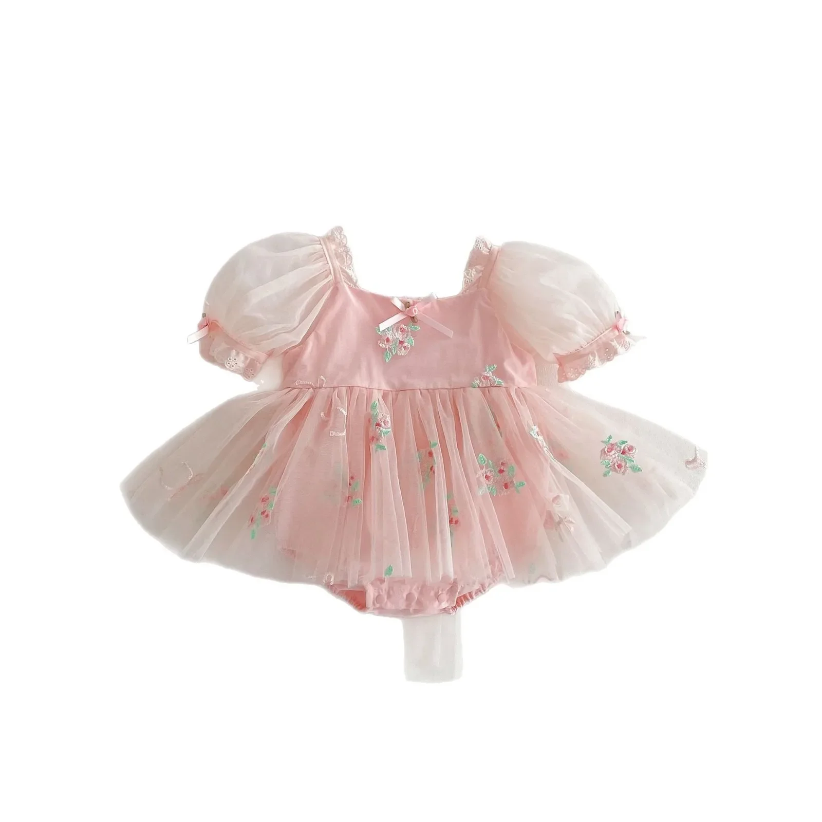 Princess Style Baby Girl Bubble Sleeve Bib Overalls Cotton Embroidered Skirt Large Bowknot Net Gown Infant Summer Clothes