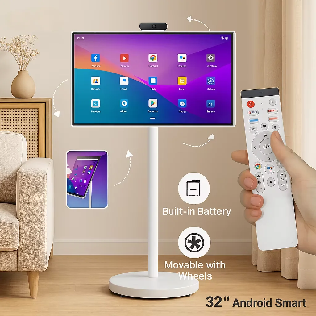 32인치 안드로이드 15 6G+128G 스마트 스크린, 리모컨 포함 플로어 스탠드 TV, 2K 카메라 화상 통화, 내장 148WH 배터리