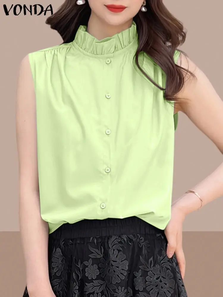 

Модные женские летние рубашки VONDA, топы с оборками, 2024, повседневные блузки, свободные Однотонные блузки на пуговицах без рукавов, женские блузы