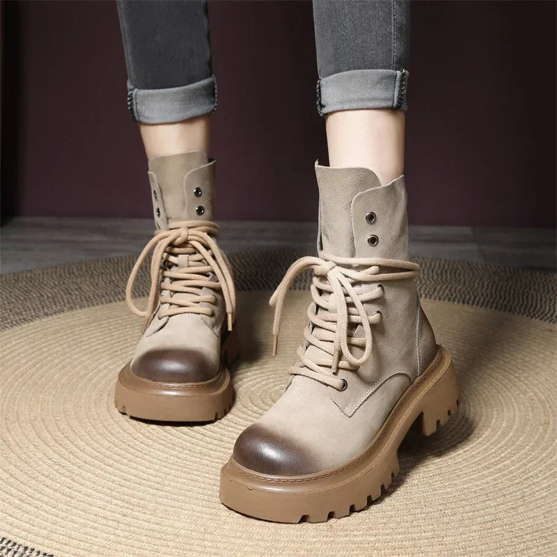 

Genuine Leather Martin Boots Autumn and Winter New Round Toe Solid Color Retro Thick-soled Shoes Ankle Boots Motorcycle Boots