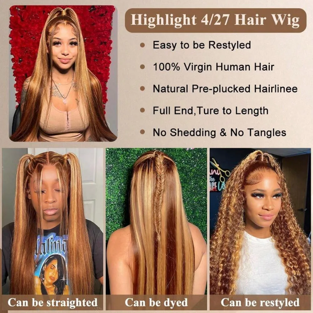 26 Inch 250% Density P4/27 Highlight Bone Straight 13x6 HD Lace Frontal Wigs Human Hair Brazilian Ombre Honey Blonde Human Hair