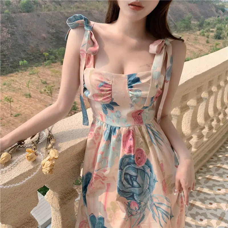 

Vestidos 2023 Summer New Super Fairy Bowtie Strap Dresses Elegant Ladies Birthday Party Club Vintage Oil Painting Print Dress