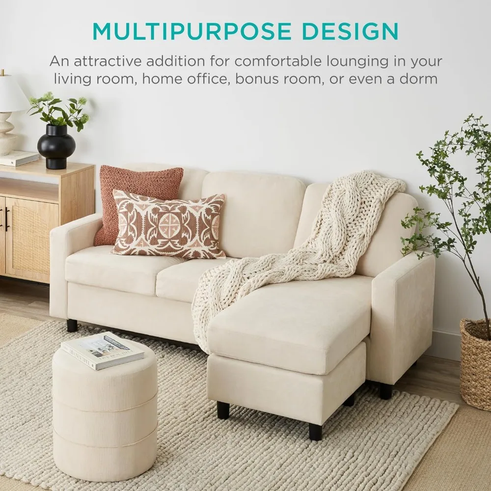 

Upholstered Sectional Sofa for Home, Apartment, Dorm, Bonus Room, Compact Space L-Shape Design, Reversible Ottoman Bench