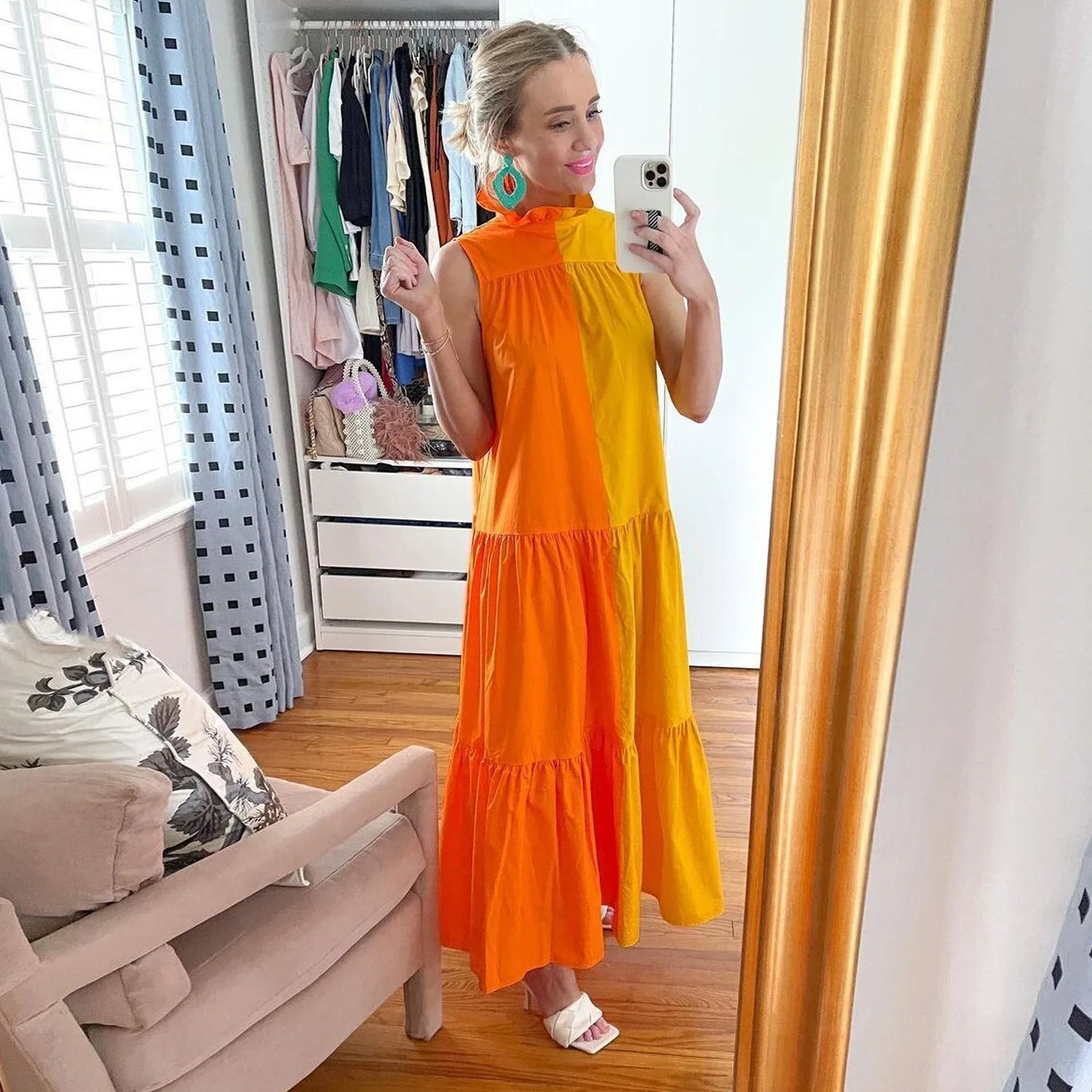 

Hot-selling O-neck Sleeveless Stitching Pocket High Waist Dress Summer Beach Holiday Fashion Personality Women Dress Vestidos