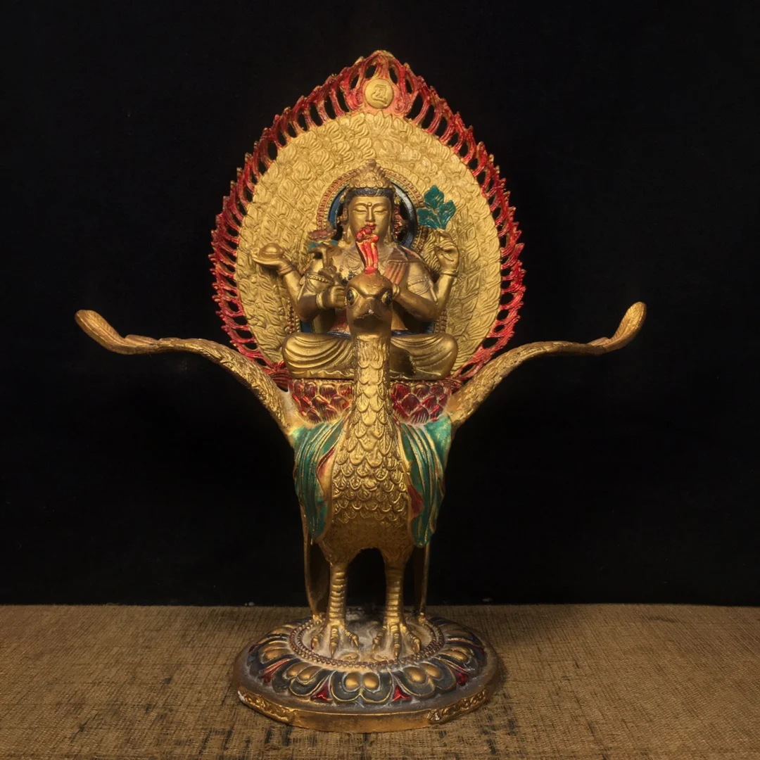 

11"Tibetan Temple Old Bronze Painted Peacock Mahamayuri Buddha Daming King Buddha worship hall Town House Exorcism