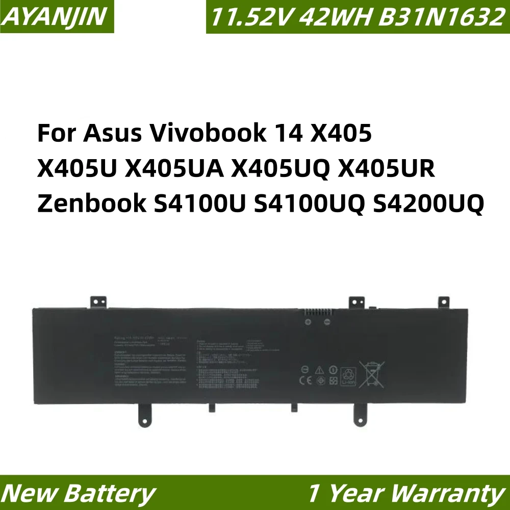 B31N1632 11.52V 42WH Laptop Battery ASUS ZenBook 14 X405 X405U X405UA 3ICP5/57/81 0B200-02540000 0B200-02540000 аккумулятор b31n1632 для asus vivobook 14 x405 x405ua x405uq x405ur zenbook s4100u s4100uq s4200uq