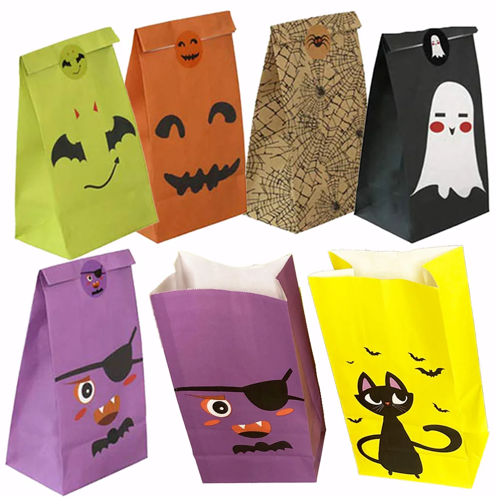 24Pcs Halloween Treats Bag Party Favors Kids Candy Bags Trick or Treating Stickers Paper Gift Treats Snacks Goodie Bags 1pcs flax halloween candy bags cute gift bag trick or treat kids gift pumpkin bat candy boxes birthday party decoration supplies