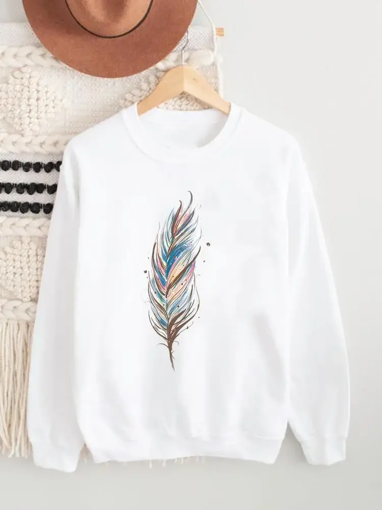

Feather Watercolor Vintage Long Sleeve Fleece Print Pullovers Fashion Clothing Spring Autumn Winter Women Graphic Sweatshirts