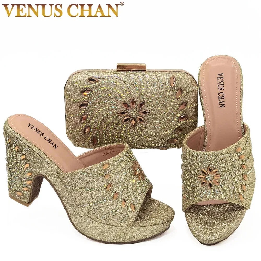 

Woman Summer Slippers High Heels Sexy Ladies Party Wedding Pattern Embroidery Mules Shoes and Bags Set for Italian 2023