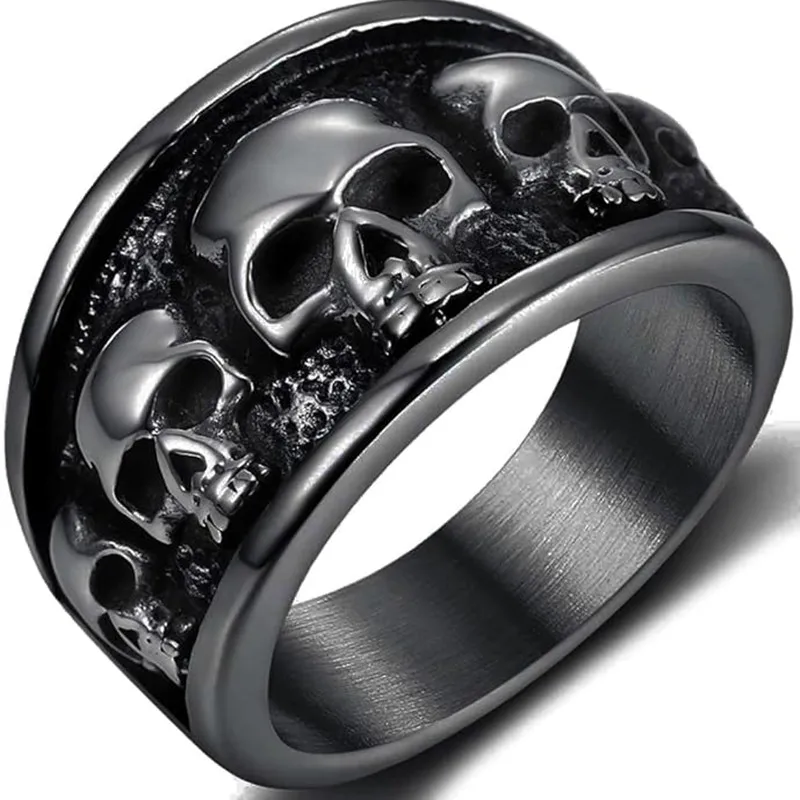 Stainless Steel Skull Ring - Antique Retro Gothic Punk Style, Hypoallergenic, Size 12, Grey Finish