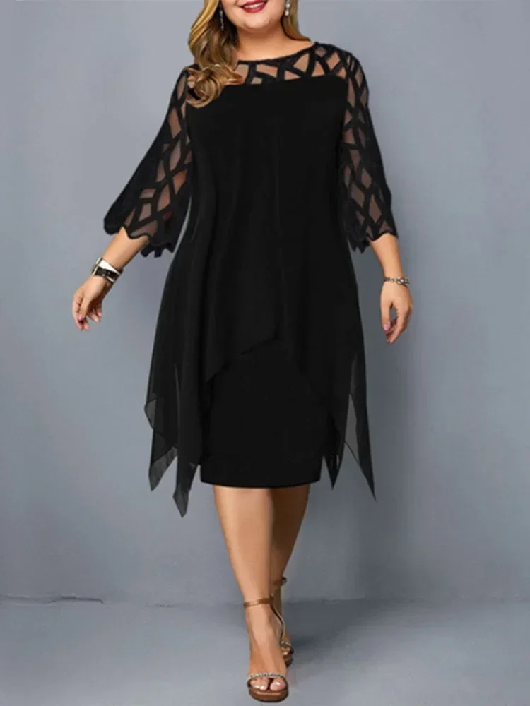 

Elegant Midi Party Dress For Chubby Women Xxl O Neck Lace Sleeve Hollow Out Solid Sexy Women'S Clothing Evening Dresses 2022