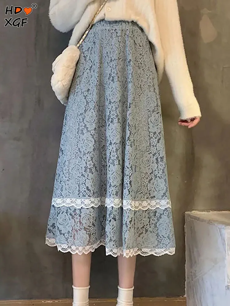 

Classic Lace Irregular Edge Midi Skirt Women Korean Fashion Elastic High Waist Tulle A-line Skirts Elegant All-match Long Skirts