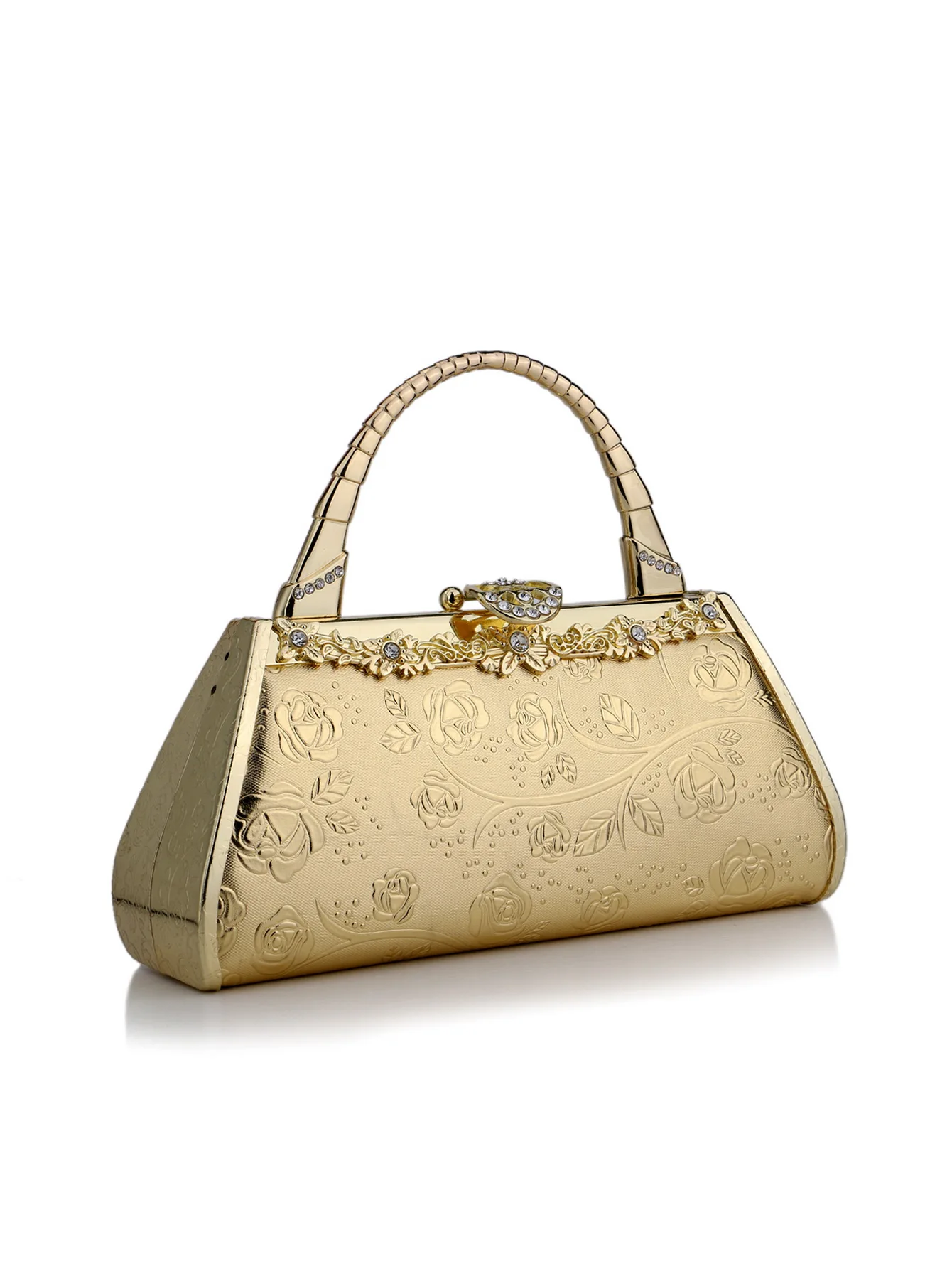 Golden Metal Evening Clutch Bag with Pearl Diamonds for Women