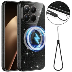 Glossy Glitter Liquid Silicone Shockproof Case with Lanyard and Built - in Magnetic for Xiaomi 17T Pro (Black)