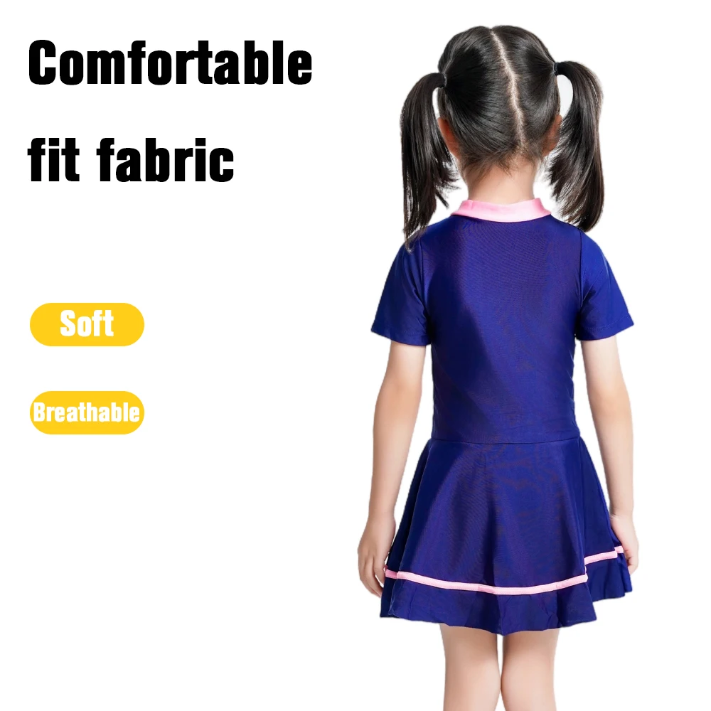 Girls One Piece Swimsuit Short Sleeve Zipper Swimwear Summer Vacation Skirt with Built-in Shorts BeachWear Rash Guard Swim Dress 6