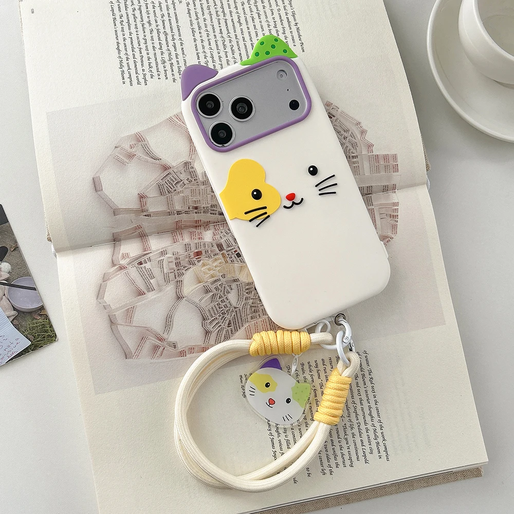 Kawaii 3D Cartoon Cat Soft Silicone Phone Case - Cute Shockproof Cover with Handstrap