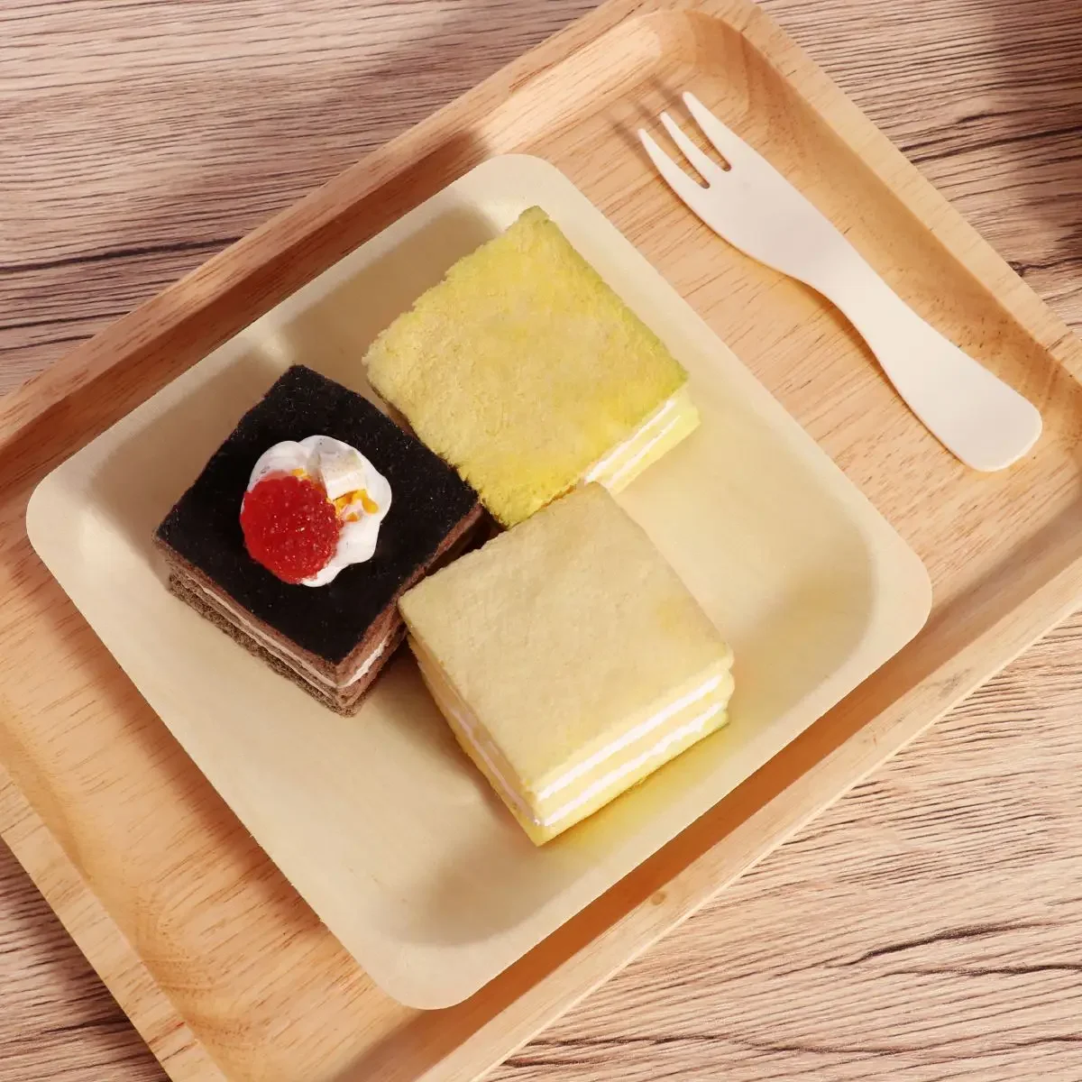 1pc Square Disposable Wooden Plate and Spoon Party Plates Tableware for Wedding Restaurant Picnic Birthday 140x140mm