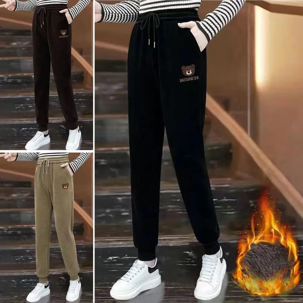 

High Waist Trousers Solid Color Loose Fit Pants Cozy Plush Women's Winter Pants with Cartoon Bear Pattern High Waist for Fall