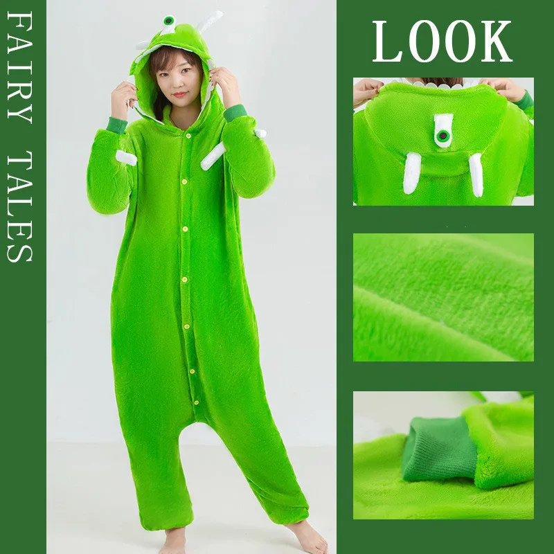 

Winter Ladies Cartoon One-piece Pyjamas One-eyed Monster Blue Cat Fleece Party Christmas Sewing Patchwork Hooded Warm Pajamas