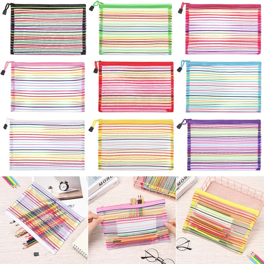 Simple Rainbow color Mesh Document Bag Multicolor Zipper Stationery Bag Nylon Bag Pencil Case Office Student School Supplies