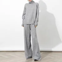 Women's 100% Wool Knitted Sweater Set Lady Fashion High Neck Soft Warm Winter Autumn Tracksuit 2