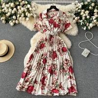 2026 Summer Women Floral Pleated Dress Vintage Turn-Down Collar Short Sleeve Single Breasted Printed Draped Midi Vestidos New - Image 3