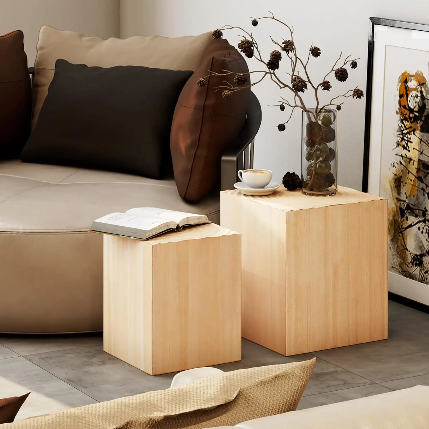 Tree Stump End Table Set of 2, Multiple Styling Layout with Wood Tree Ring Pattern, Natural Wood Color 4