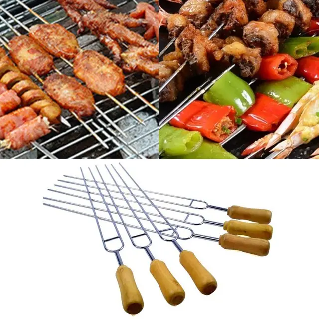 6Db U Alakú Grillvilla, Rozsdamentes Acél Barbecue Tű, Fa Fogantyú, Áhított Dupla Grill Jel