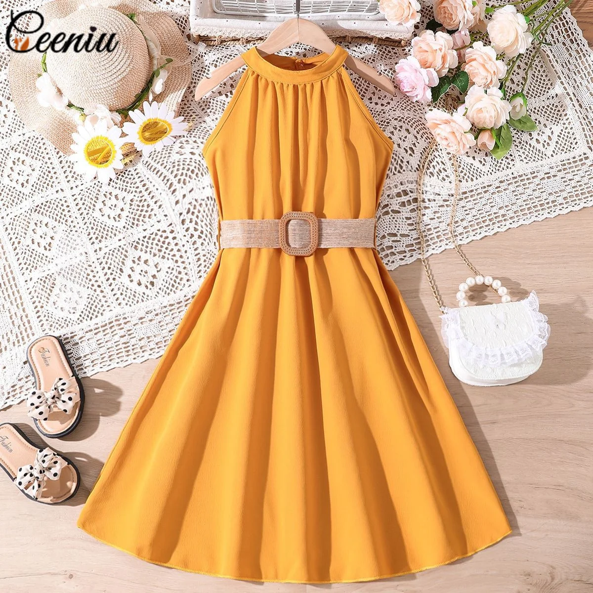 Ceeniu Girls' Sleeveless Halter Party Dress with Belt
