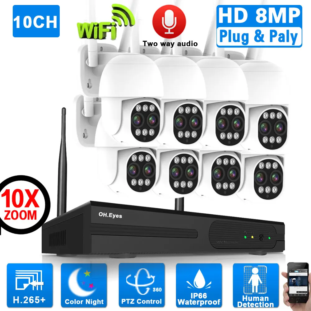 

10X Zoom 4K Wifi CCTV Camera Security System Kit 8CH Wireless NVR Set Outdoor Auto Tracking PTZ IP Camera Video Surveillance Kit