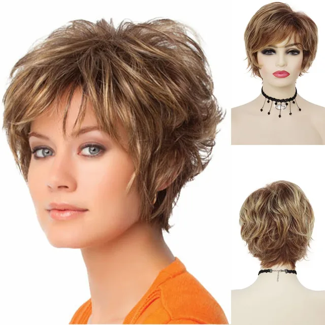 GNIMEGIL Synthetic Wig for Woman Short Brown Curly Wig with Bangs Fluffy Layered Hairstyle Female Natural Wig Lady Mommy Wig 028