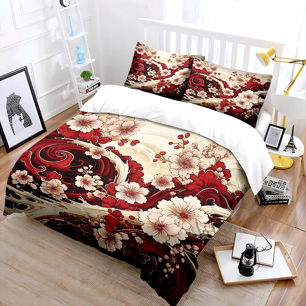 Flowing Red and White Floral Art Bedding Set for Kids Luxury Gift 3pcs Digital Print Comforter Set Soft Comfortable Breathable 2
