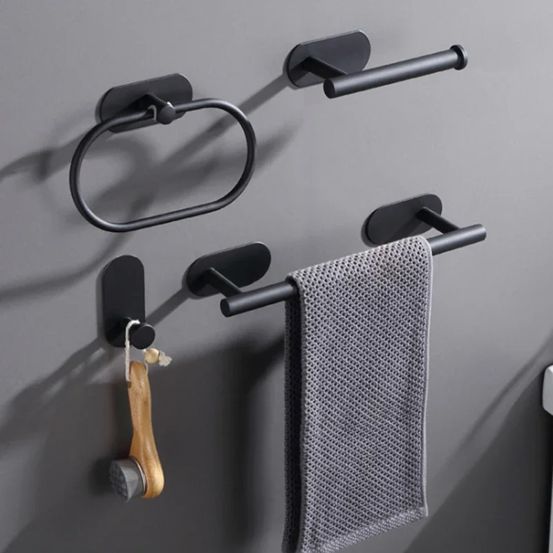 Punch-free Wall-mounted Towel Bar Stainless Steel Towel Ring Single-bar Hook Paper Rack Bathroom Accessories Set