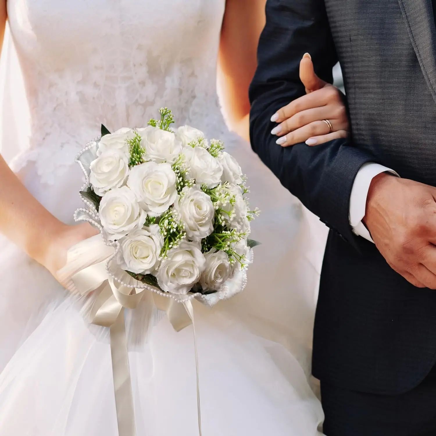 Ramos de boda bohemios YeeNanee para la novia, ramo de flores artificiales  blanco marfil con cinta de seda, decoración de boda campestre de encaje -  AliExpress, image size:1500x1500