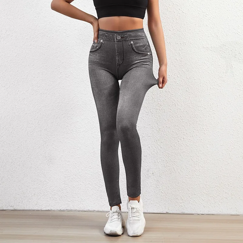 Women Jeggings Faux Denim Jeans Leggings High Waisted Tummy