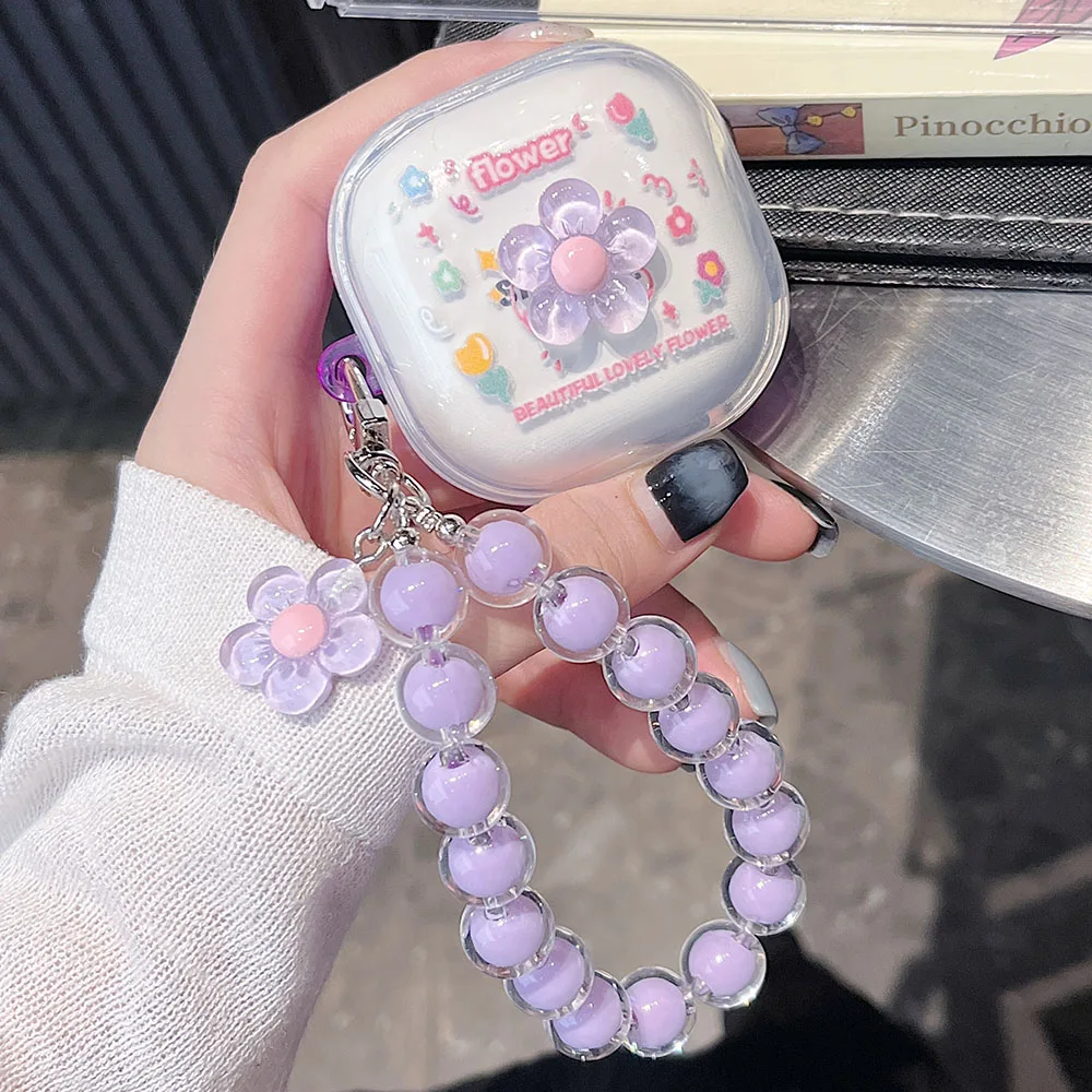 Floral 3D Flower Transparent Earphone Case with Beaded Bracelet