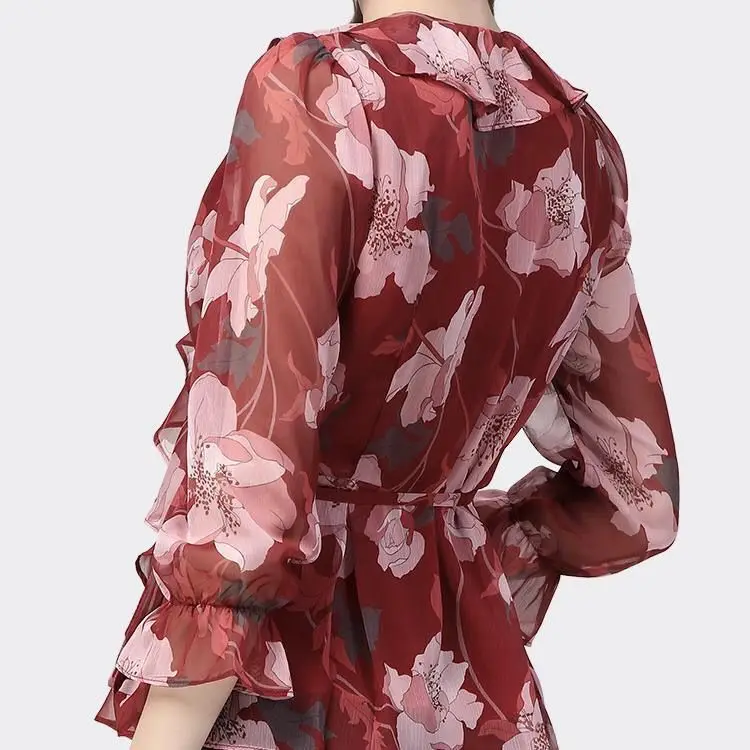 Elegant V-Neck Blouse Fashion Ruffles Spliced Spring Summer Waist Drawstring Women's Clothing Commute Vintage Asymmetrical Shirt