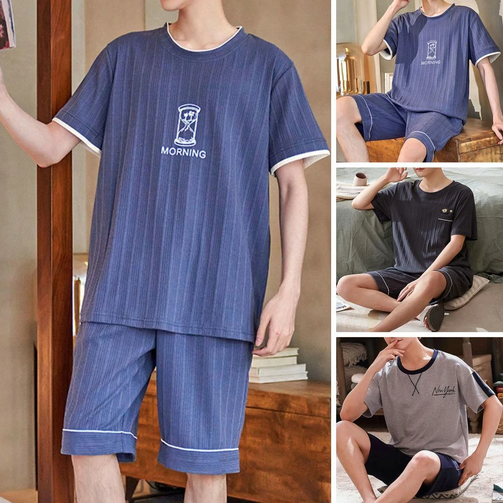 2 Pcs/Set Men Summer Pajamas Set Letter Print Striped Texture Loose O neck Short Sleeves