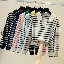 

Striped V-neck Pullover Polo Sweater Women Spring Autumn All-match Tops Long-sleeved Knitted Bottoming Sweaters Jumpers